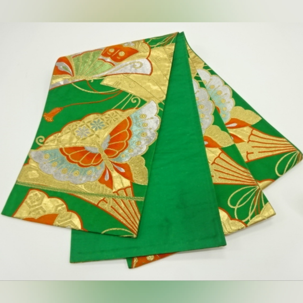 Vibrant Green and Gold Kimono Obi